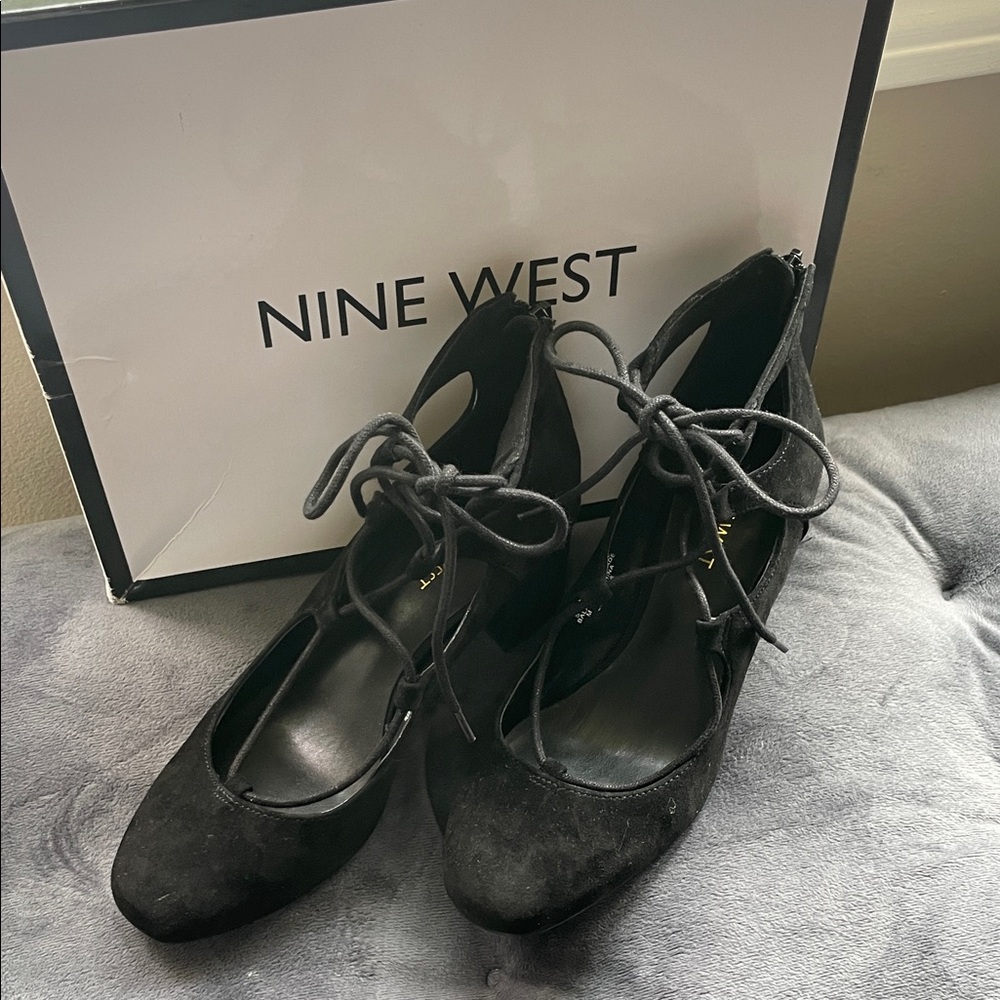 Nine West Black Suede Heels with Ankle Tie - Picture 4 of 5